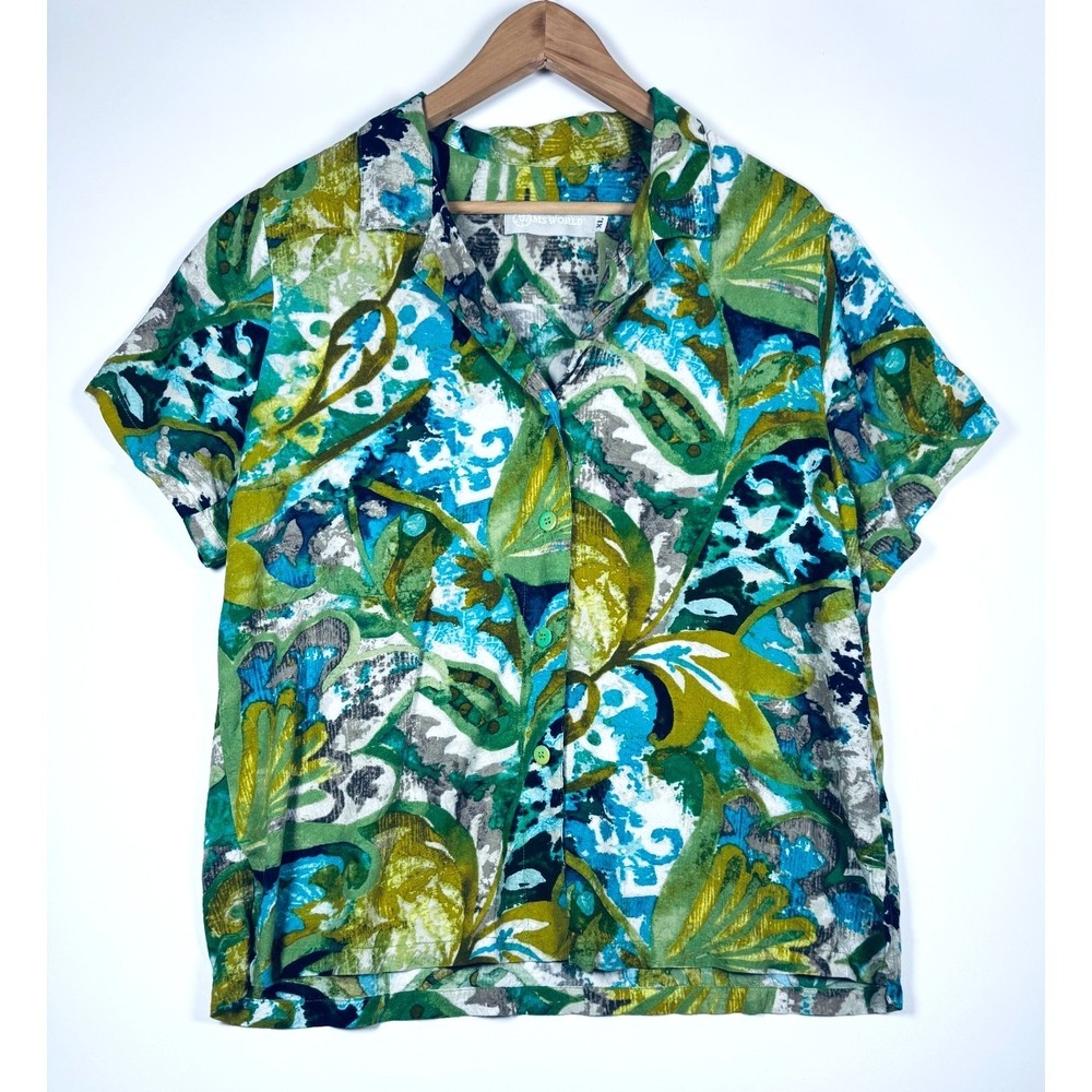 Jams World Mosaic Fern Blouse Womens XL Green Blue Tropical Floral Rayon Shirt
